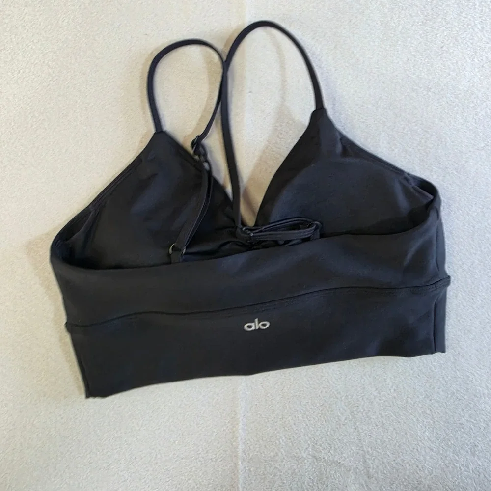 Alo Yoga Wild Thing Sports Bra Large Black Ruched Athleisure Gym Activewear